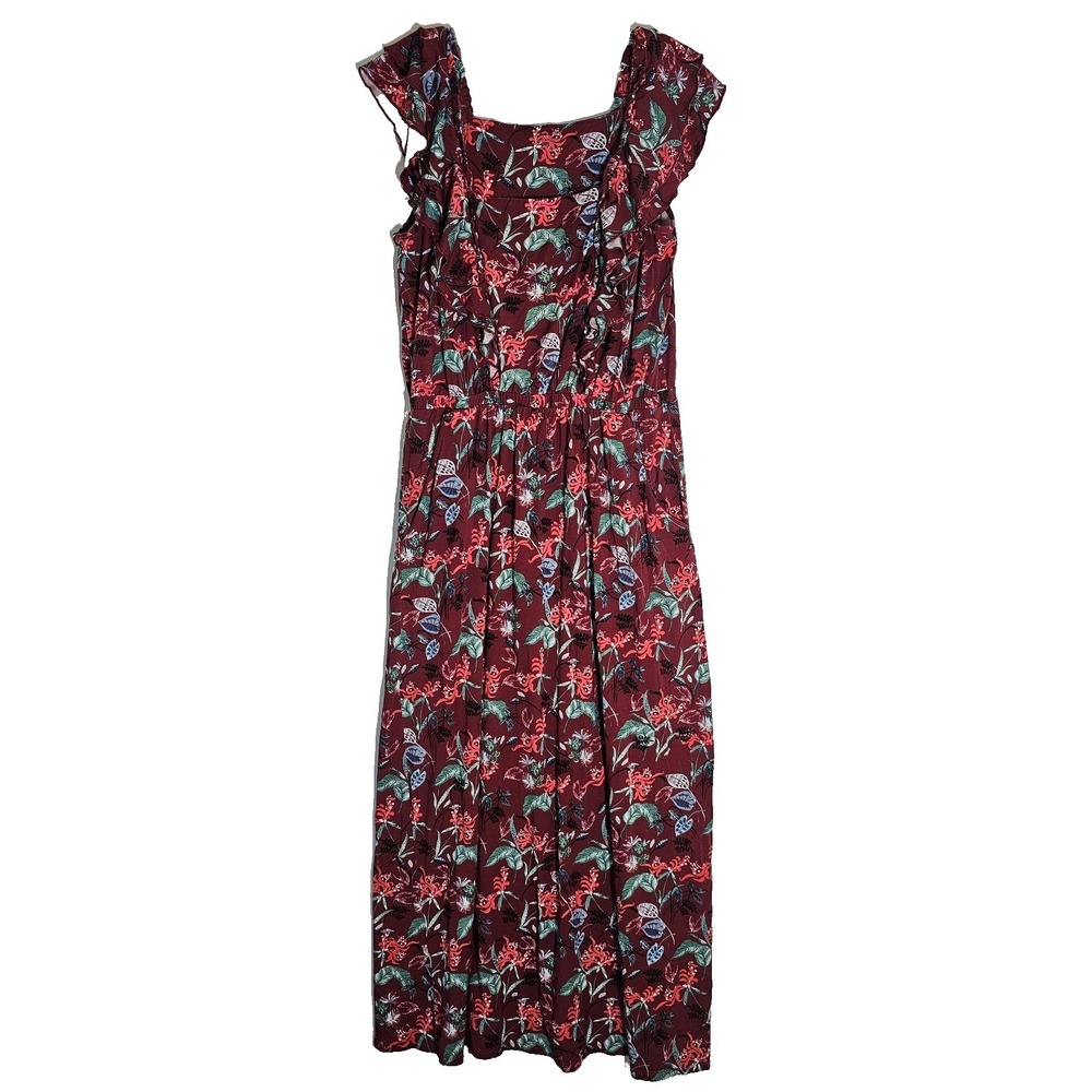 Garnet Hill Dulce Dress Womens Large Red Floral Knit Maxi Square Neck Ruffle L